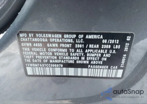 2012 Volkswagen Passat 3.6L V6 Se z USA, uszkodzony, nr VIN 1VWBM7A37CC095879